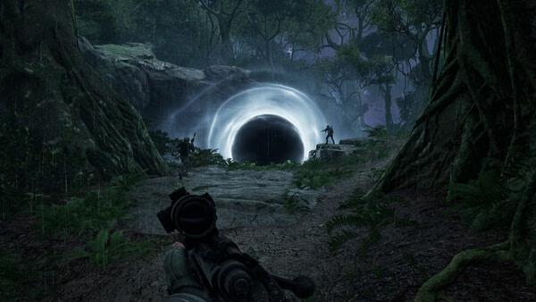 PUBG: Black Budget screenshot showing players near a glowing portal in a dense, dark forest setting.