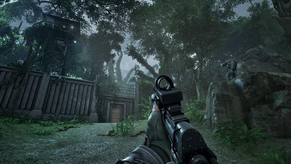 PUBG: Black Budget screenshot: A player aims their rifle at an enemy near a jungle outpost under a cloudy sky.