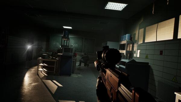 PUBG: Black Budget screenshot showing a player aiming a rifle in a dimly lit lab with equipment and shelves in view.