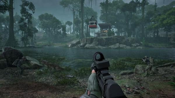 PUBG: Black Budget screenshot. A player aims at two opponents near a cabin and cable car in a lush, forested area.