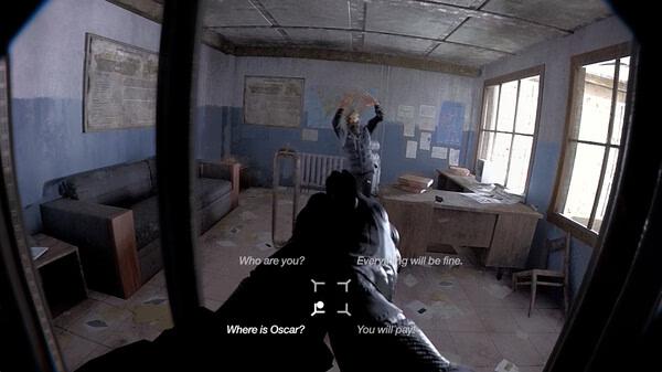 Screenshot from the game Unrecord showing a player aiming a gun at a person in a cluttered room with dialogue options visible.