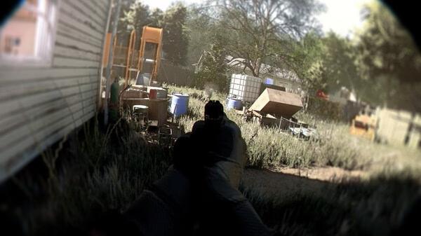 A screenshot from the game Unrecord showing a first-person view of an armed character aiming in a grassy backyard.