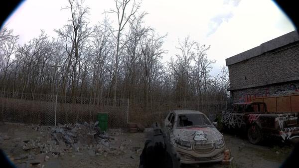 A screenshot from the game Unrecord showing a first-person view of a gun aimed at an abandoned car in a desolate outdoor area.