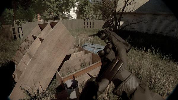 Screenshot from the game Unrecord showing a gloved hand reloading a pistol in a grassy backyard with scattered wooden debris.
