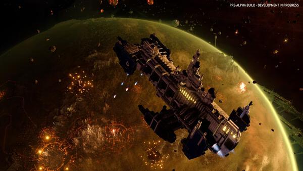 Total War: WARHAMMER 40,000 screenshot showing a massive spaceship orbiting a fiery, battle-scarred planet in space.