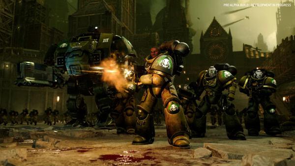 Total War: WARHAMMER 40,000 screenshot: Space Marines advance in a dark, dystopian cityscape, ready for battle.