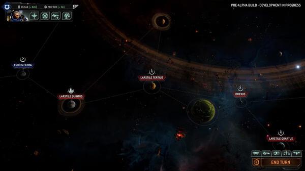 Screenshot from Total War: WARHAMMER 40,000 showing a galactic map with planets, connecting routes, and an "End Turn" button visible.