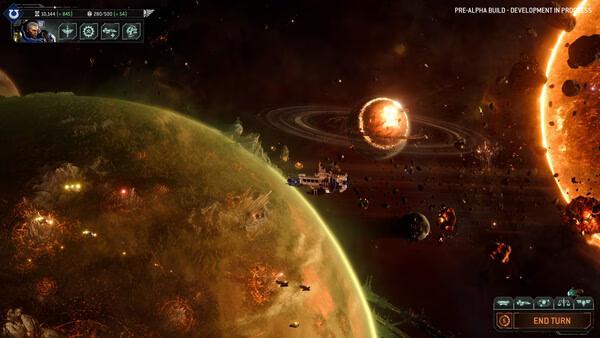 Screenshot from Total War: WARHAMMER 40,000 showing a dramatic space battle scene with planets and spaceships amidst glowing debris.