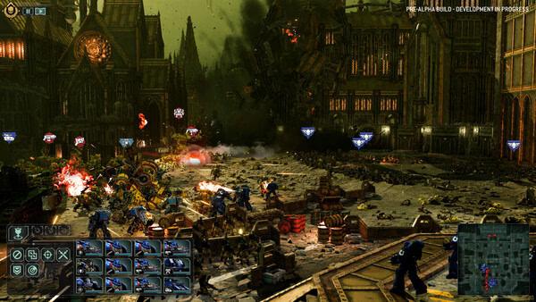 Screenshot from Total War: WARHAMMER 40,000 showing a chaotic battlefield with troops and tanks amidst explosions and gothic architecture.
