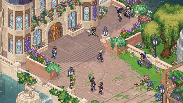 Screenshot from Witchbrook showing characters interacting in a vibrant, flower-adorned courtyard near a large building.