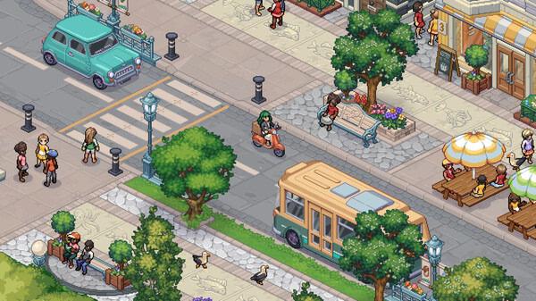 Witchbrook screenshot: A vibrant town scene with people walking, sitting, and a person riding a scooter on the road.