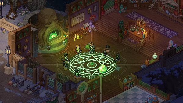 Witchbrook screenshot: Several characters in a cozy, magical room gather around a glowing green summoning circle at night.
