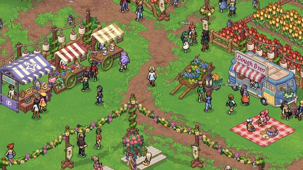Witchbrook screenshot: A bustling market scene with colorful stalls, characters shopping, and vibrant decorations in a grassy area.