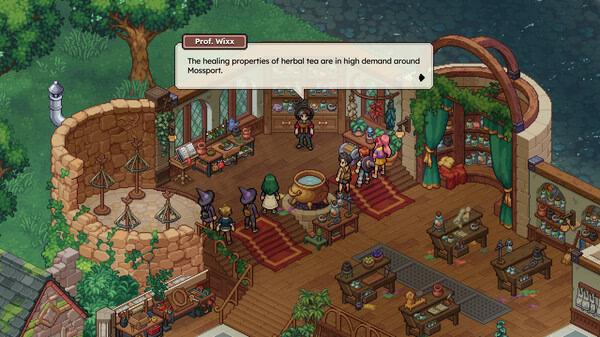 Screenshot from Witchbrook: Characters gather in a cozy room listening to Prof. Wixx talk about herbal tea properties.