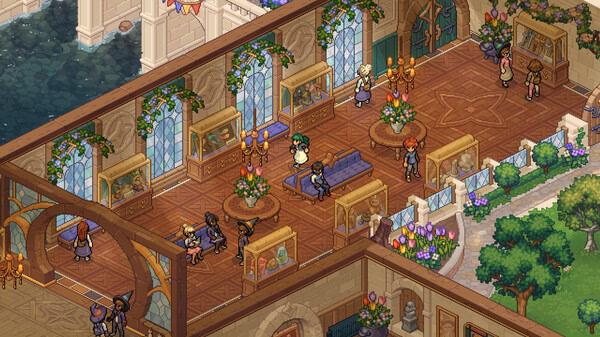 Witchbrook screenshot: Characters socialize in a sunlit, ornate room with large windows and decorative greenery.
