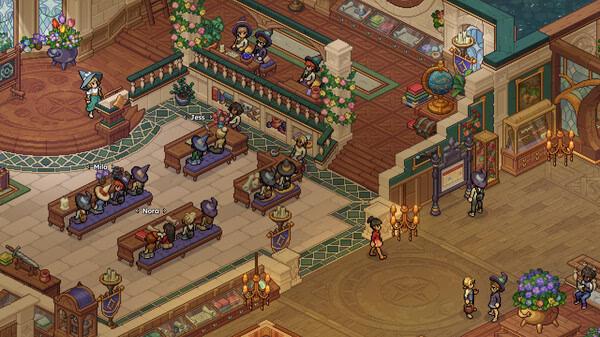 Screenshot of Witchbrook showing characters engaged in various activities inside a bustling, intricately decorated hall.