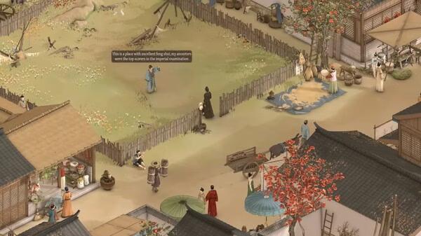 A screenshot from "The Bustling World" showing a lively village scene with NPCs interacting in an autumn setting.