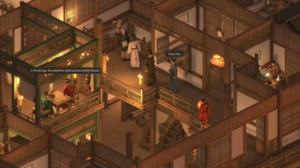 A screenshot from "The Bustling World" shows a detailed wooden inn with characters interacting and dialogue text displayed.