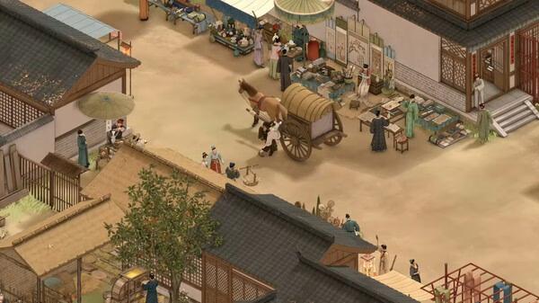 Screenshot of The Bustling World showing a busy marketplace with merchants, shoppers, and a horse-drawn cart.