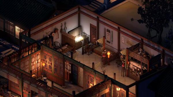 Screenshot from "The Bustling World" showing a detailed interior of a traditional house with warm lighting and ornate furniture.