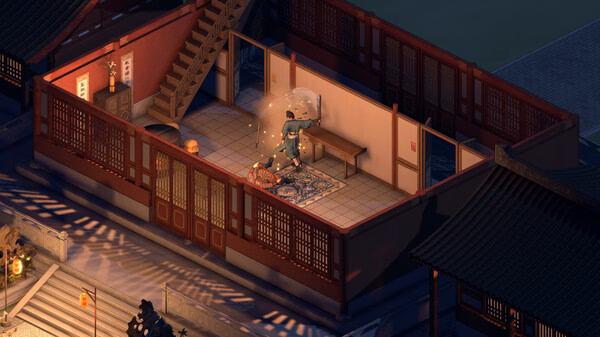 Screenshot from 'The Bustling World' showing a character casting a spell in a dimly lit room with traditional decor.