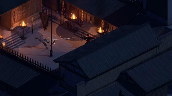 Screenshot from "The Bustling World" showing a character mid-air in a courtyard with glowing lanterns at night.