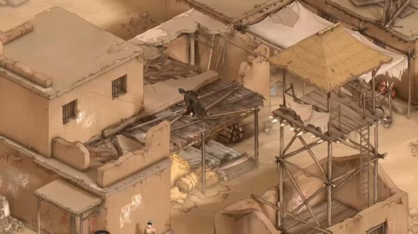 Screenshot from The Bustling World showing a character navigating a dilapidated rooftop in a desert village setting.