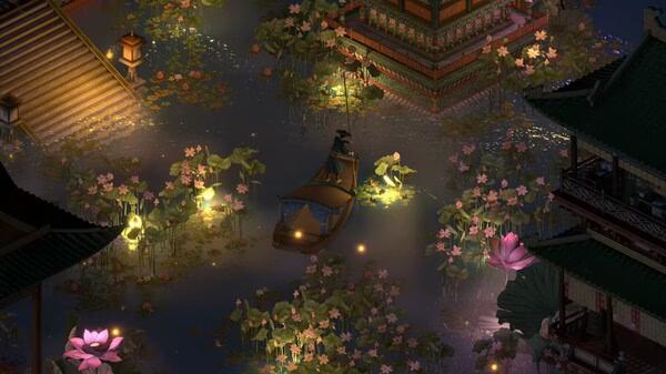 Screenshot from 'The Bustling World' showing a boat navigating through a serene, lantern-lit water garden surrounded by lush flowers.