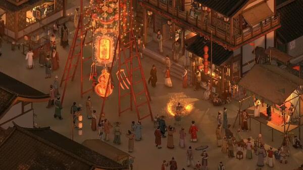 A screenshot from The Bustling World showing a lively festival scene with lanterns, crowds, and traditional buildings at dusk.