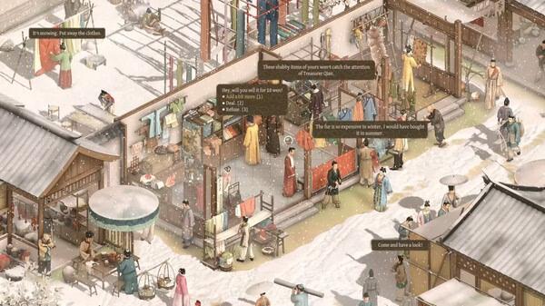 Screenshot from 'The Bustling World' showing a snowy market scene with characters interacting and speech bubbles displayed.