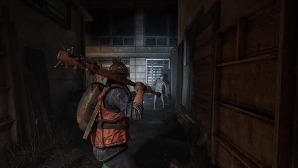 A screenshot from NAKWON: LAST PARADISE showing a survivor with a spiked bat confronting a zombie in a dark alleyway.