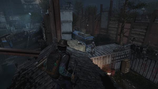 Screenshot from NAKWON: LAST PARADISE showing a character on a rooftop overlooking a fenced area with shipping containers at night.