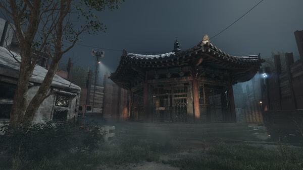 Screenshot from NAKWON: LAST PARADISE showing a misty scene with a traditional Korean building surrounded by trees.