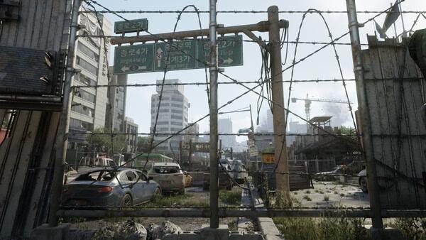 A screenshot from NAKWON: LAST PARADISE showing a post-apocalyptic cityscape with abandoned cars and barbed wire fences.