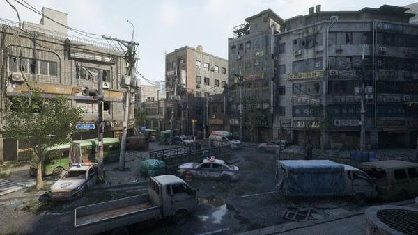 Screenshot from NAKWON: LAST PARADISE showing a detailed urban street with abandoned vehicles and dilapidated buildings.