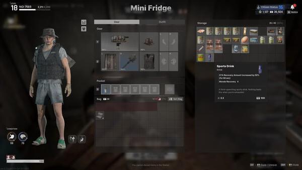 NAKWON: LAST PARADISE screenshot showing a character near a fridge with inventory items like sports drink and canned food.