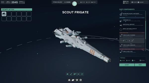 Falling Frontier screenshot: A scout frigate is displayed in the ship customization interface, showing various components and stats.