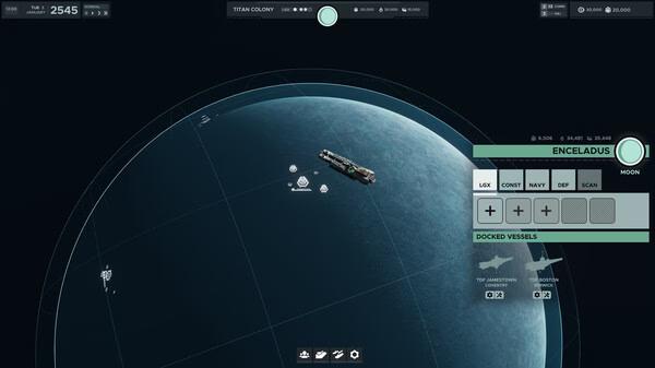 Falling Frontier screenshot: A spaceship orbits near Enceladus moon, with a UI displaying resources, docked vessels, and colony stats.