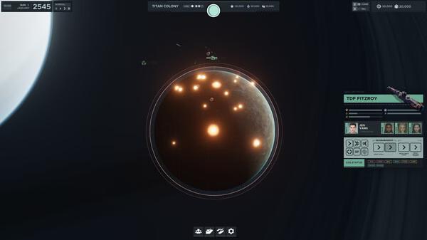 Falling Frontier screenshot: A planet with glowing lights is visible, alongside a spaceship and interface elements in the game.
