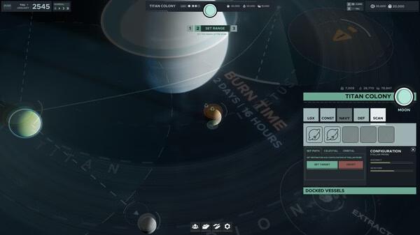 Falling Frontier screenshot: Space interface showing Titan Colony with planets, route details, and docked vessels information.