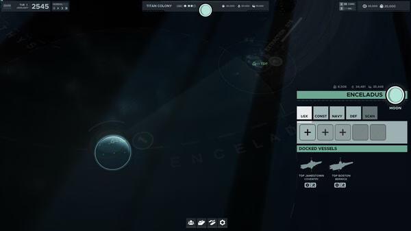 Screenshot from Falling Frontier shows Enceladus moon interface, detailing docked vessels and various operational controls.