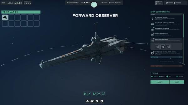 Falling Frontier screenshot: A detailed spaceship with components menu visible, orbiting in a dark space setting.