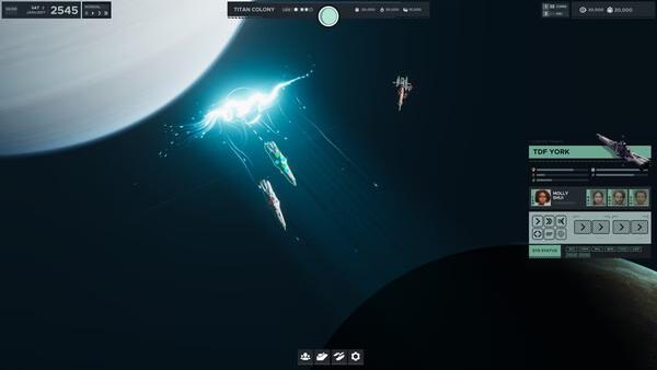 Screenshot of Falling Frontier showing three spaceships near a large planet, with a control panel visible on the right.