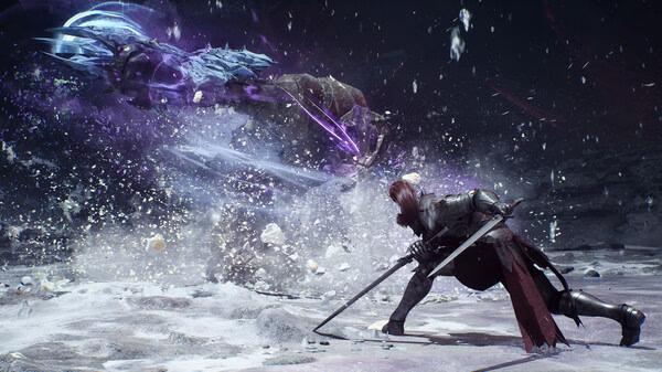Screenshot from Vindictus: Defying Fate showing a warrior battling a large, ethereal dragon in a snowy landscape.