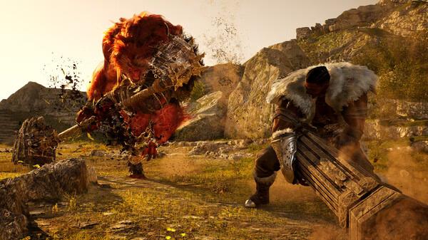 Vindictus: Defying Fate screenshot of a warrior clashing with a giant monster in a rocky, grassy landscape.