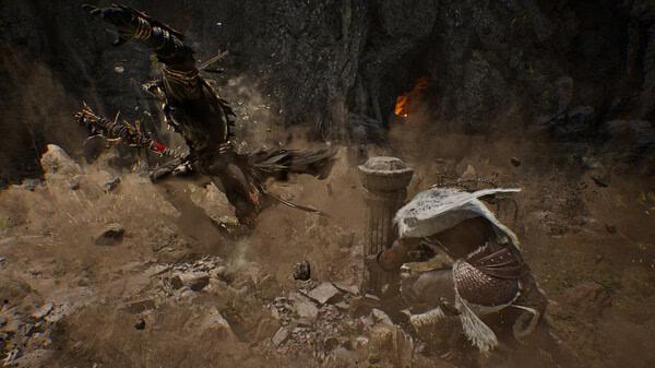 Screenshot from Vindictus: Defying Fate showing two characters in dynamic combat amidst a rocky terrain with dust and debris swirling around.