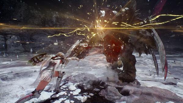 Screenshot from Vindictus: Defying Fate shows a warrior in battle stance facing a large armored creature amidst icy terrain.