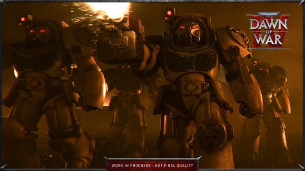 Screenshot from Warhammer 40,000: Dawn of War IV showing armored Space Marines with glowing red eyes in a dark, smoky environment.