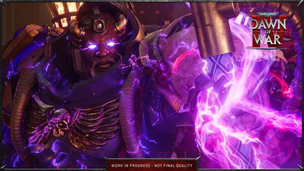 Warhammer 40,000: Dawn of War IV screenshot showing a heavily armored character wielding glowing purple energy.