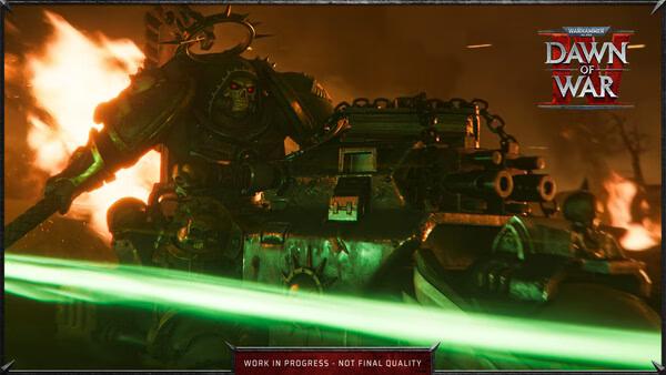 Warhammer 40,000: Dawn of War IV screenshot: A Space Marine in power armor fires a green laser amidst a fiery background.